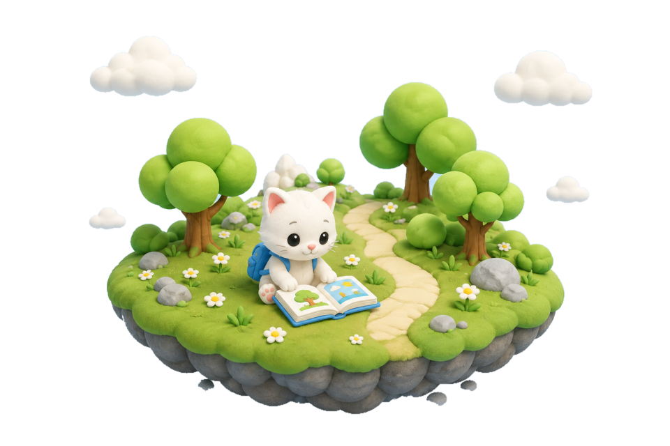 A little white cat reading on a green floating island